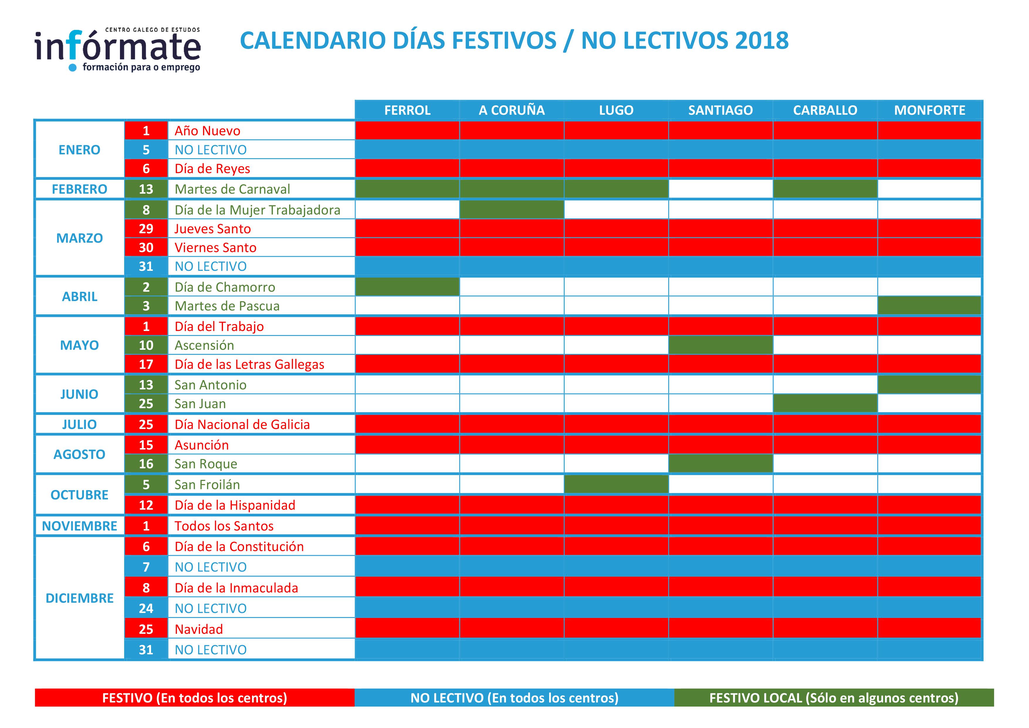 Calendario laboral In.Fórmate 2018