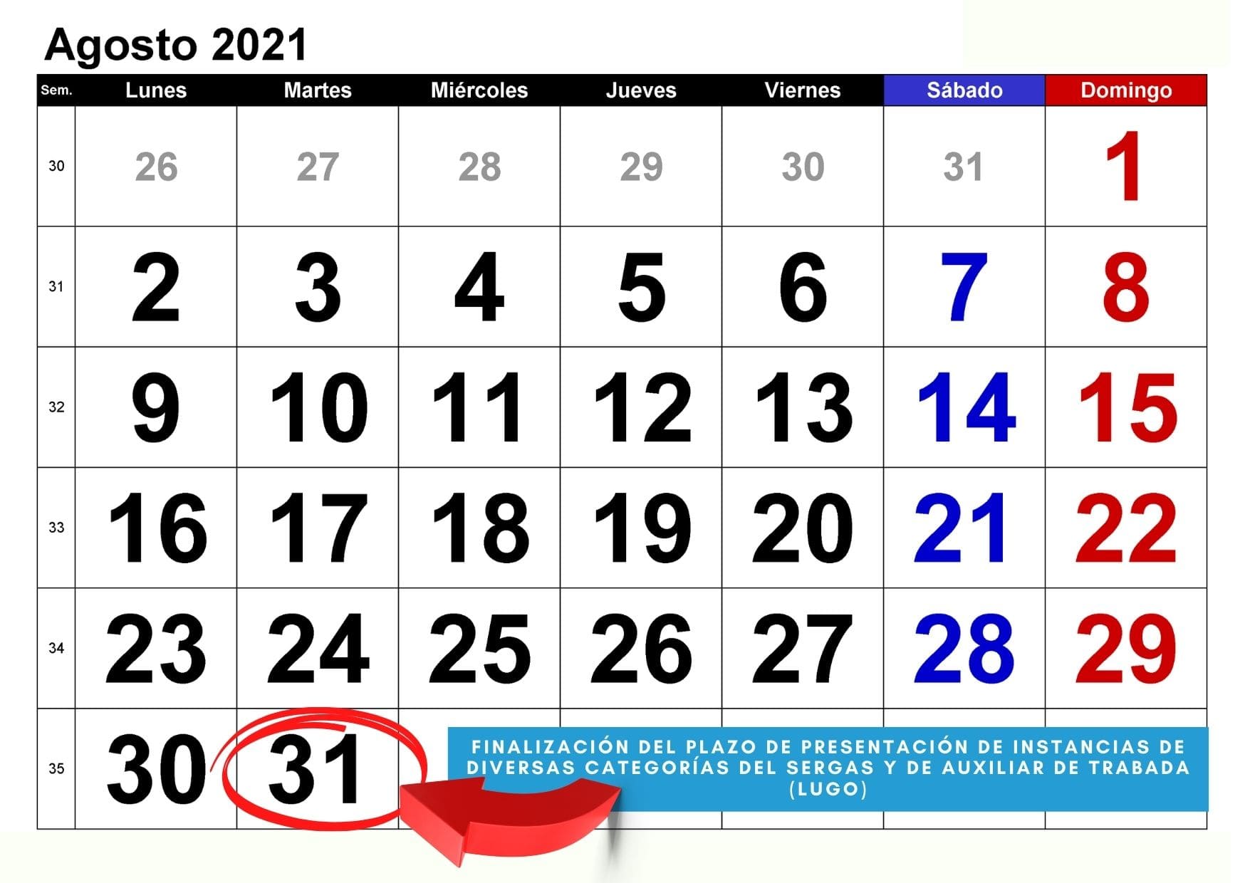 Calendario de agosto de 2021
